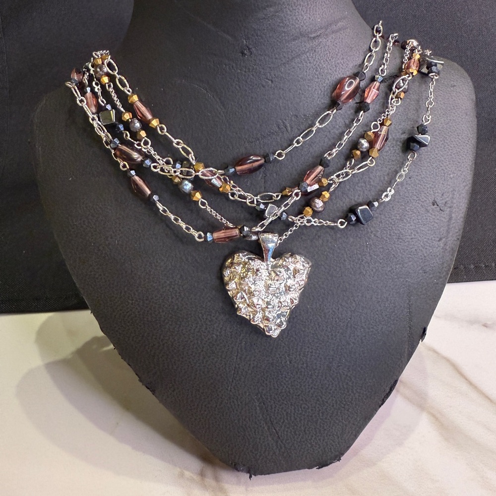 Silver Heart Pendant Multi-Strand Necklace